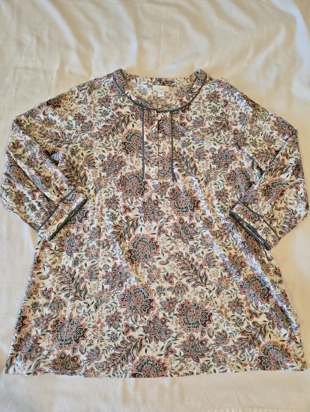 J Jill Cotton Modal Henley Tunic 3/4 Sleeve Floral Print Knit Shirt Size Large